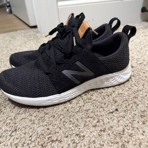 New Balance Black Knit Sneakers with White Midsole and Tan Tongue Tab
